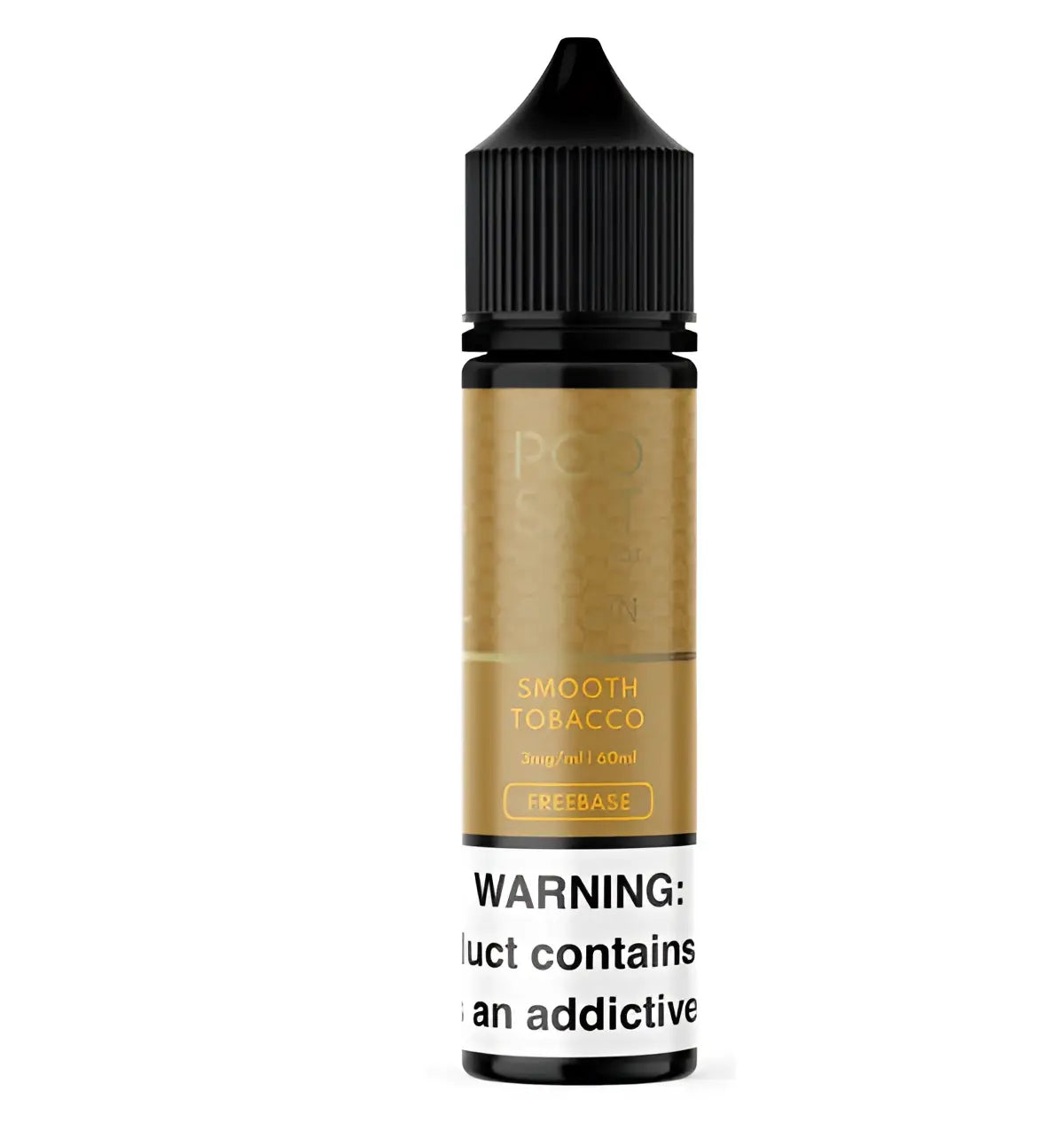 A sleek 60ml vape juice bottle of smooth tobacco e-liquid with gold label black cap from origin pod salt for vape india