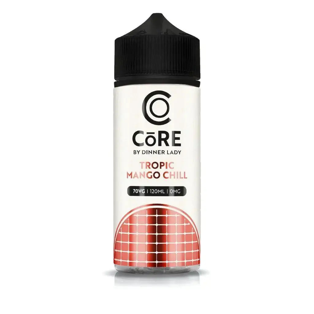 A sleek white bottle with black cap of core by dinner lady tropic mango chill 120ml vape juice in mango chill flavor