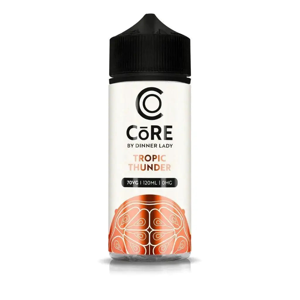 A sleek white bottle with black cap of core by dinner lady tropic thunder e-liquid featuring worldly tropical fruits for vape india
