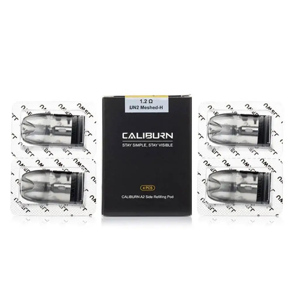 Black uwell caliburn a2 side refilling pod packaging with four clear and black meshed caliburn a2s pods in plastic packs