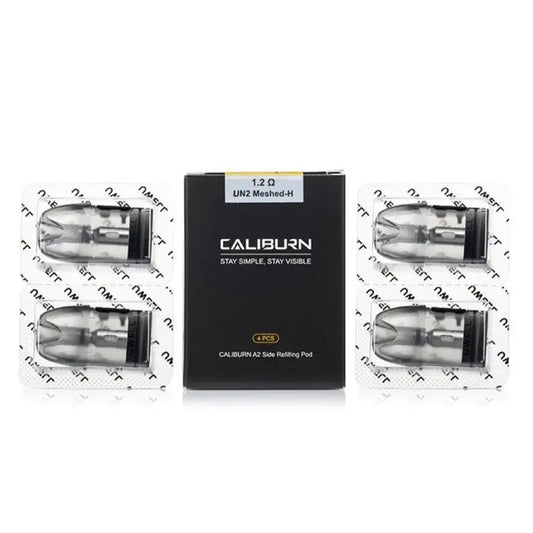 Black uwell caliburn a2 side refilling pod packaging with four clear and black meshed caliburn a2s pods in plastic packs