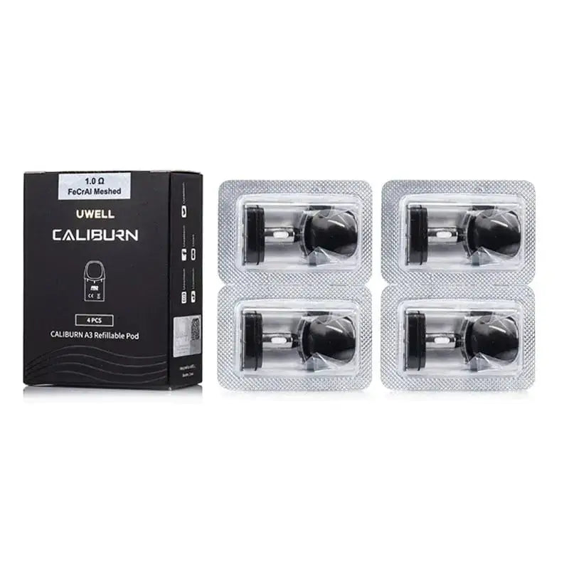 Black uwell caliburn a3 replacement pods with sleek mesh coil in clear blister packs for vape india disposable vape use