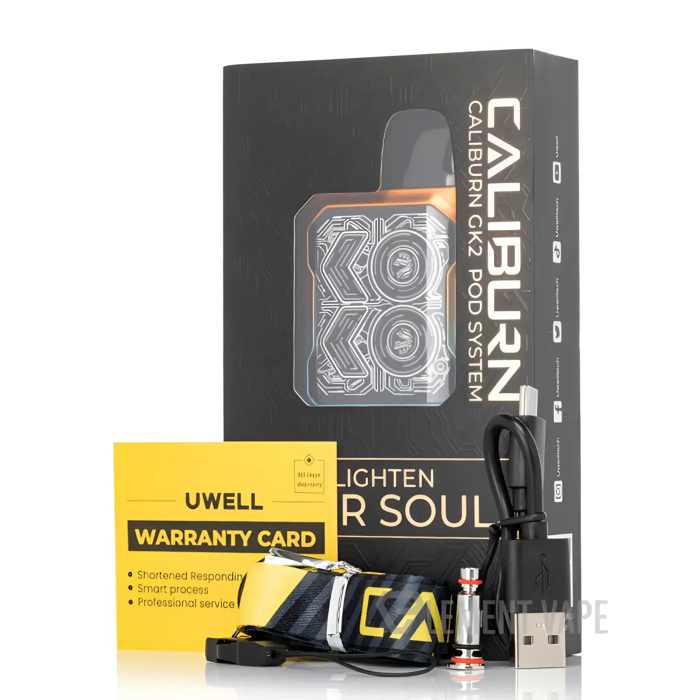 Uwell caliburn gk2 18w pod system with black gold metallic finish and geometric pattern transparent tank vape india