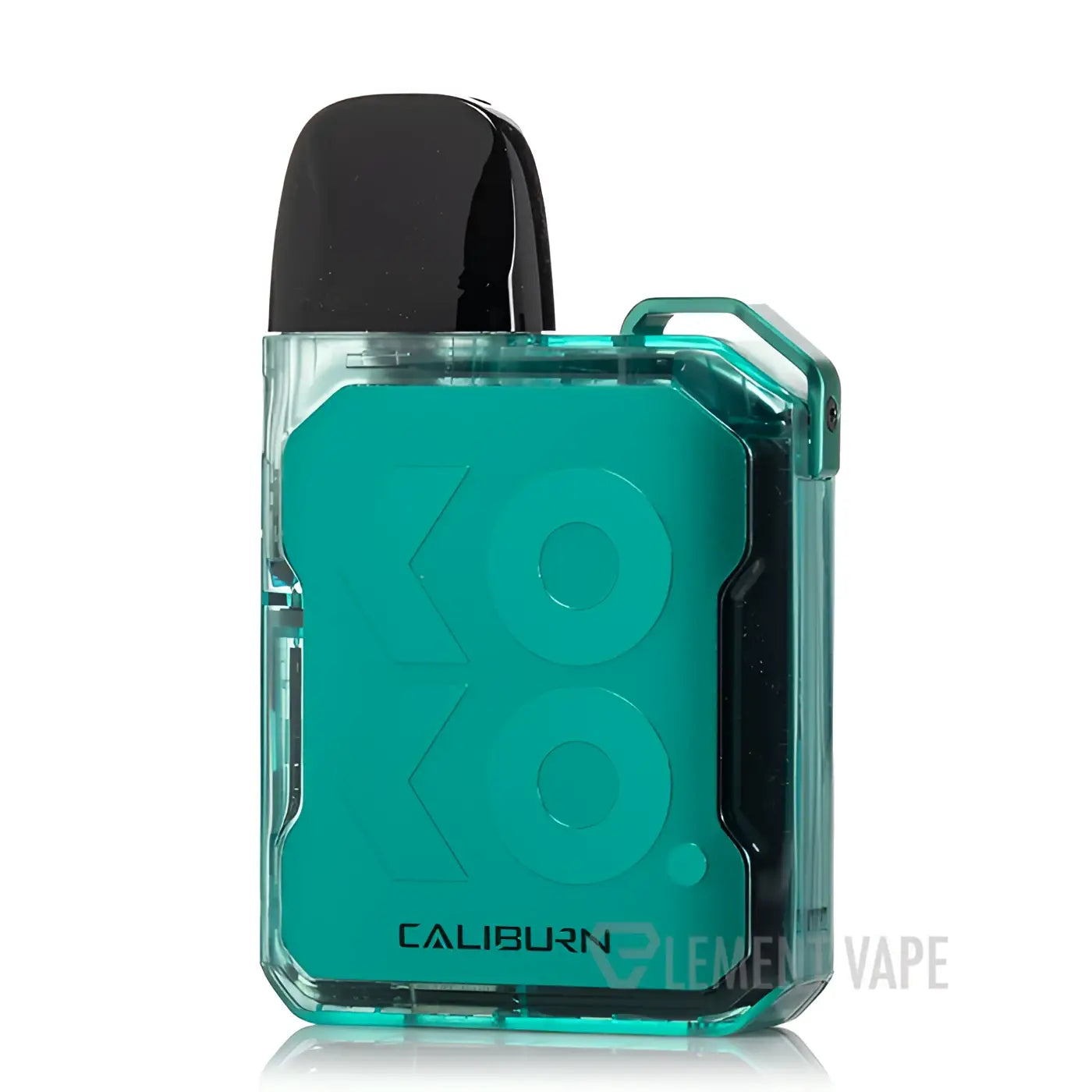 Teal translucent uwell caliburn gk2 vape with black top cap featuring draw-activated firing mechanism and un2 meshed-h coils