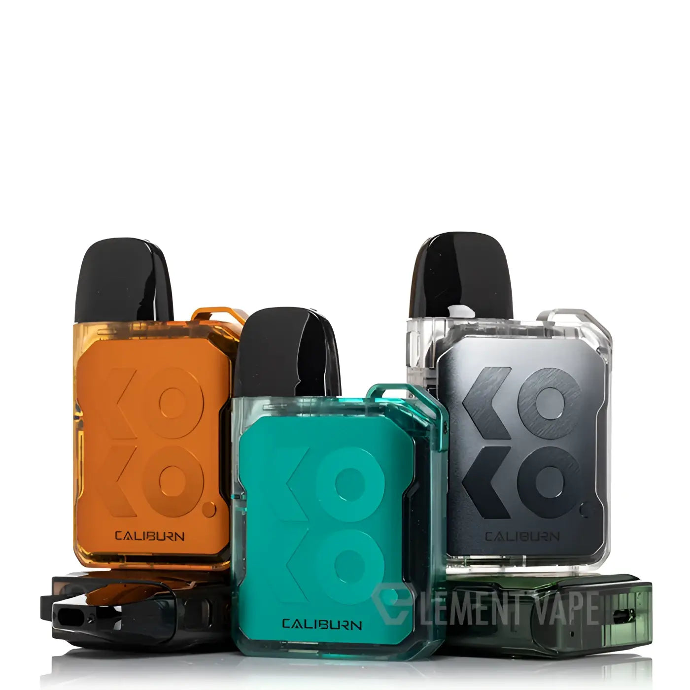 Three uwell caliburn gk2 pod kits in orange teal and black with matte branding and draw-activated firing mechanism