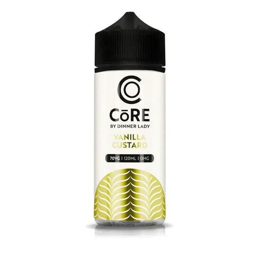 A sleek white 120ml vape juice bottle with black cap and gold wavy pattern vanilla custard e-liquid for vape india