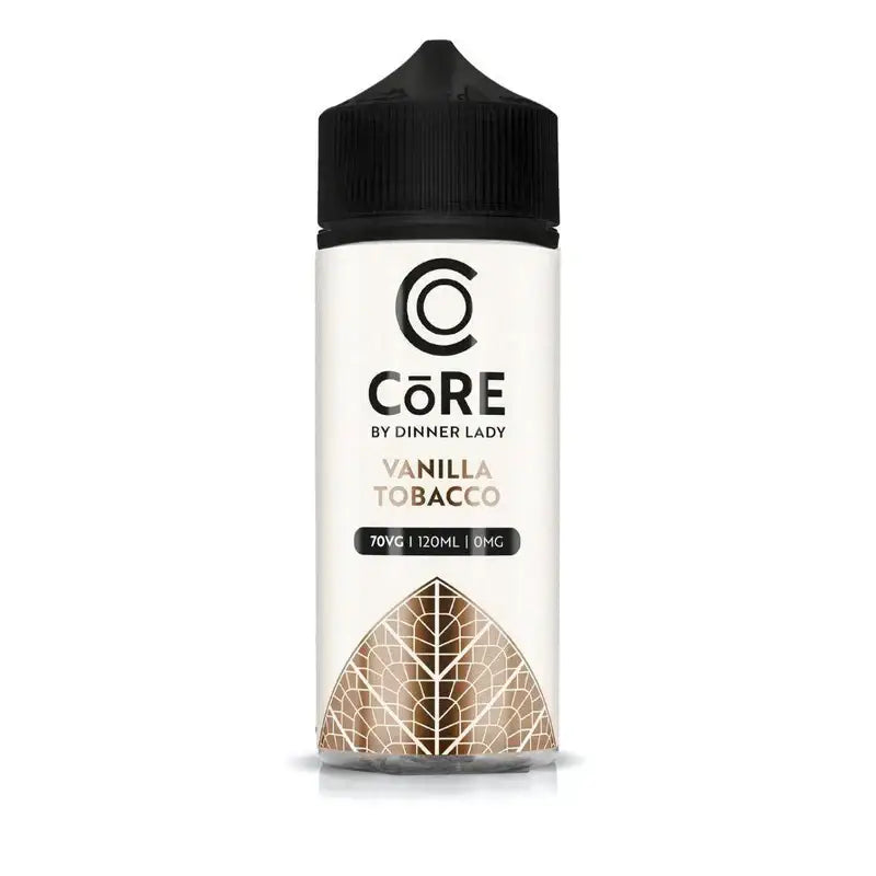A sleek white 120ml vape bottle with black cap and gold leaf design featuring creamy vanilla tobacco by core by dinner lady