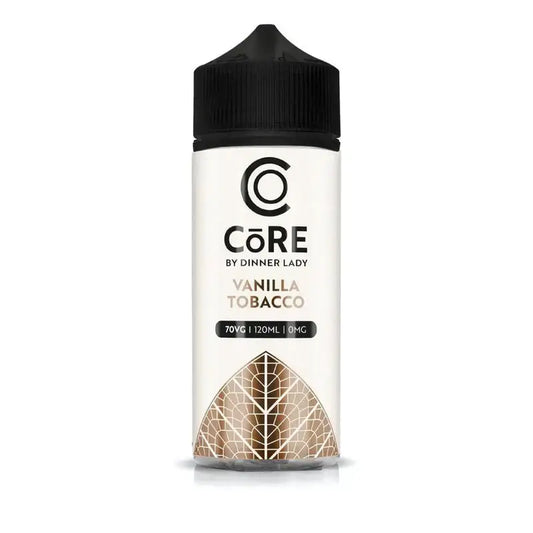 A sleek white 120ml vape bottle with black cap and gold leaf design featuring creamy vanilla tobacco by core by dinner lady