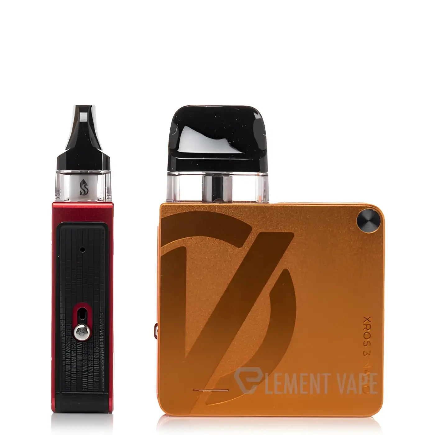 The vaporesso xros 3 nano kit shows a red black pod system and an orange element vape device perfect for vape india users