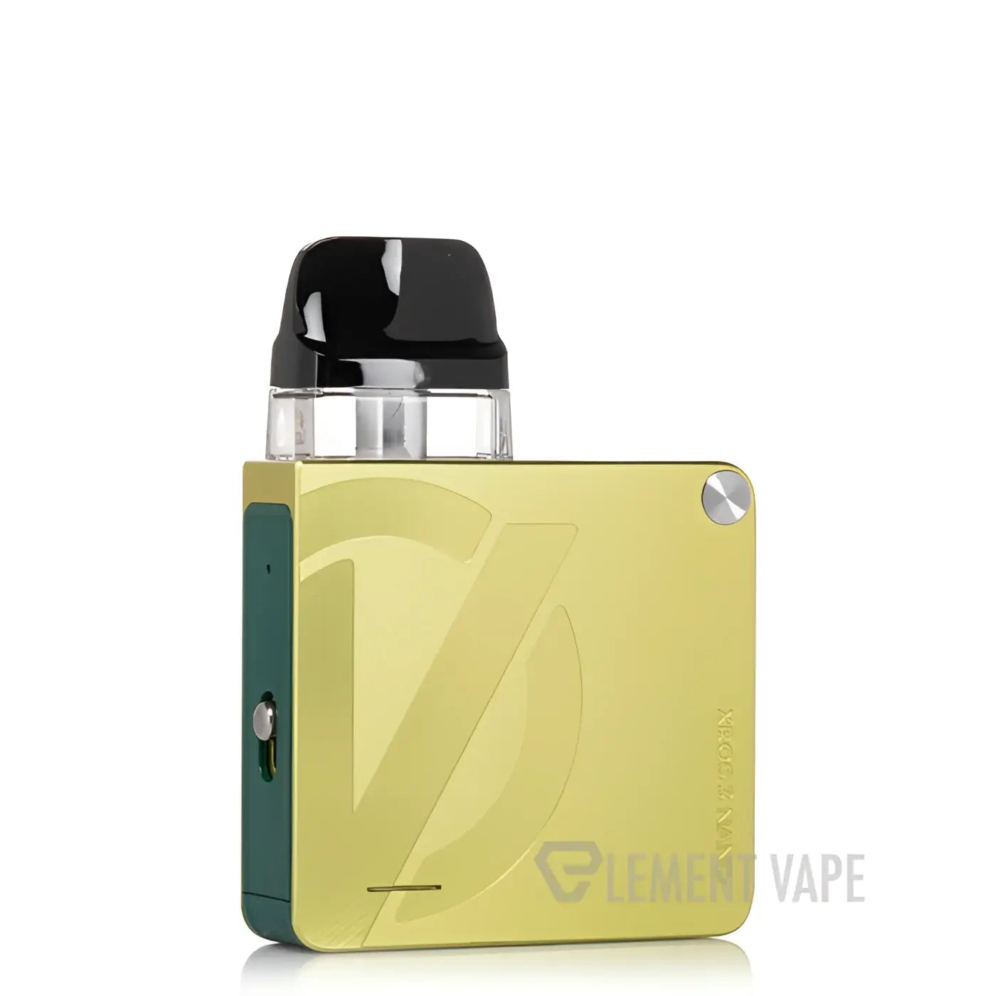 Gold vaporesso xros nano kit vape with black top cap green side panel and embossed v logo for vape india or puffs