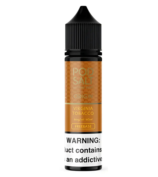 A sleek 60ml amber labeled pod salt freebase virginia tobacco e-liquid bottle with black cap for vape india use