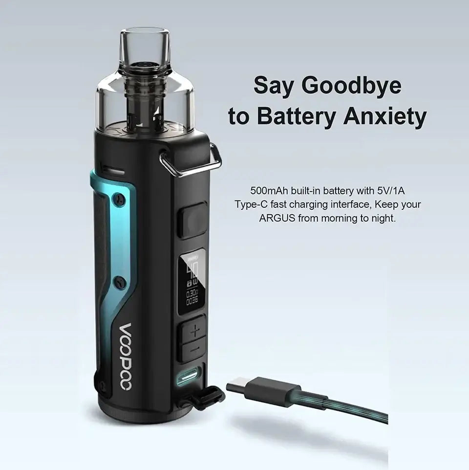 Black and teal voopoo argus 40w vape pen with clear glass tank and ohm mesh coil for e-liquid puffs in vape india