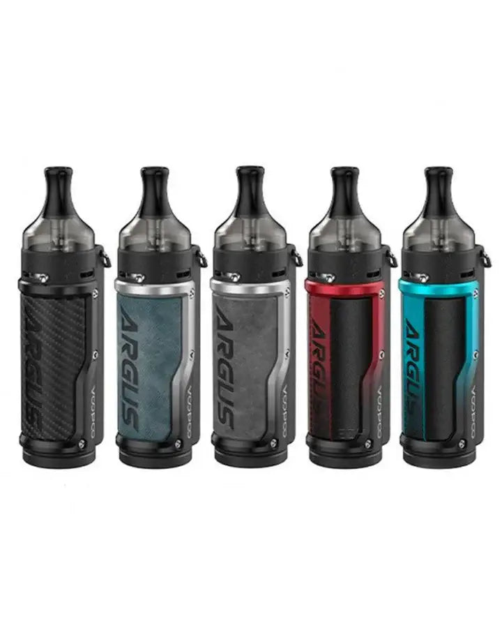 Five voopoo argus 40w vape pens in black teal silver red and blue with ohm mesh coil and 2ml pod voopoo system