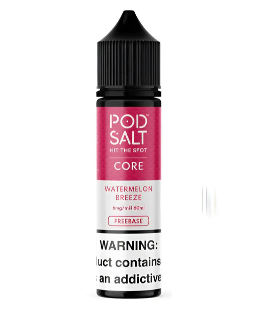 A sleek black plastic bottle of watermelon breeze core pod salt vape juice with a cool menthol twist in 60ml