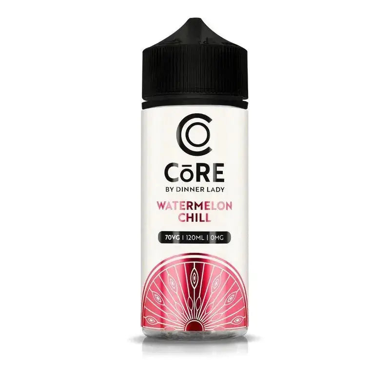 A sleek white 120ml vape juice bottle with black cap and vibrant red watermelon slice label for watermelon chill by core by dinner lady