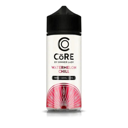 A sleek white 120ml vape juice bottle with black cap and vibrant red watermelon slice label for watermelon chill by core by dinner lady