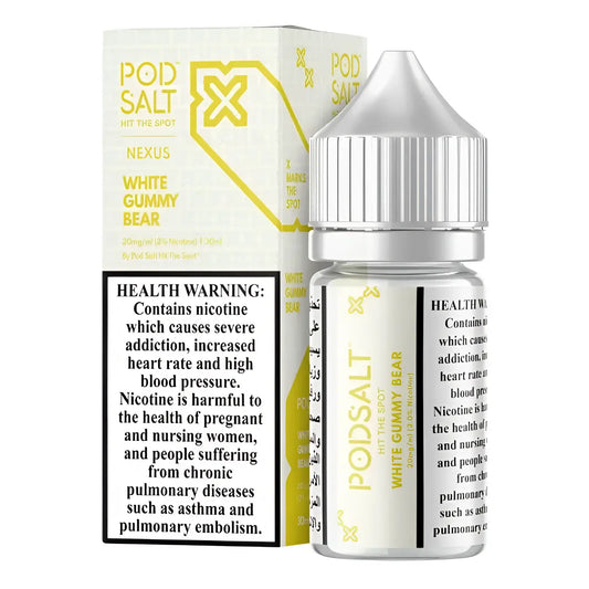 A sleek transparent glass bottle with silver cap contains white gummy bear e-liquid from pod salt nexus vape india
