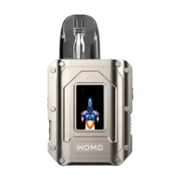 Silver metallic womo slim ultra 32w pod vape device with black screen and rocket graphic for vape india and puffs