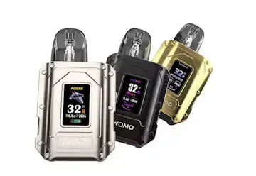 Three womo slim ultra 32w pod system kits in silver black and gold with inch tft color displays showing battery levels