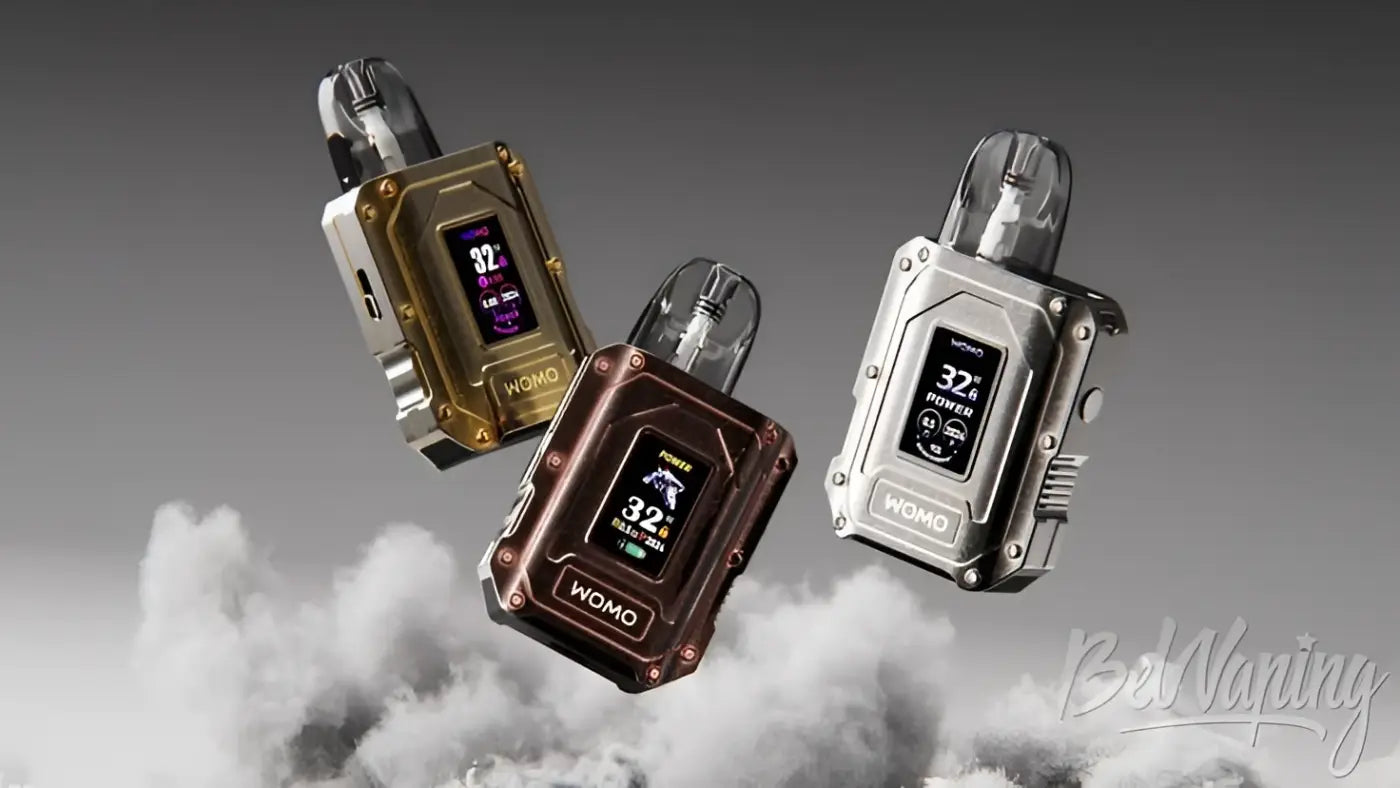 Three womo slim ultra 32w pod vape pens in gold bronze and silver with digital power displays for vape india users